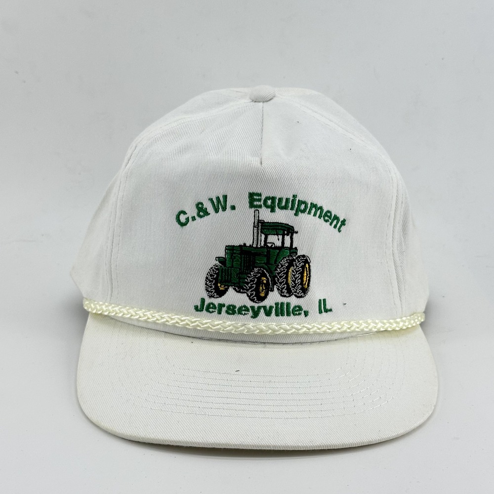 Vintage John Deere Hat Snapback Cap Mens White C.&W. Equipment 90s Rope Tractor